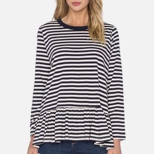 The Great Navy White Striped Peplum Ruffle Tee Long Sleeved sz L